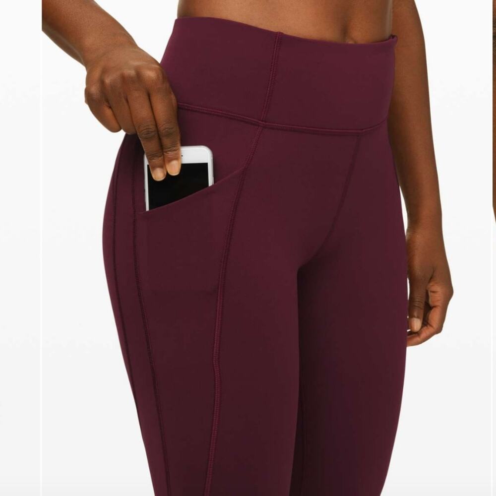 Lululemon Cropped Raw Hem Maroon Leggings Pocket Time to Sweat 4 - Picture 3 of 10